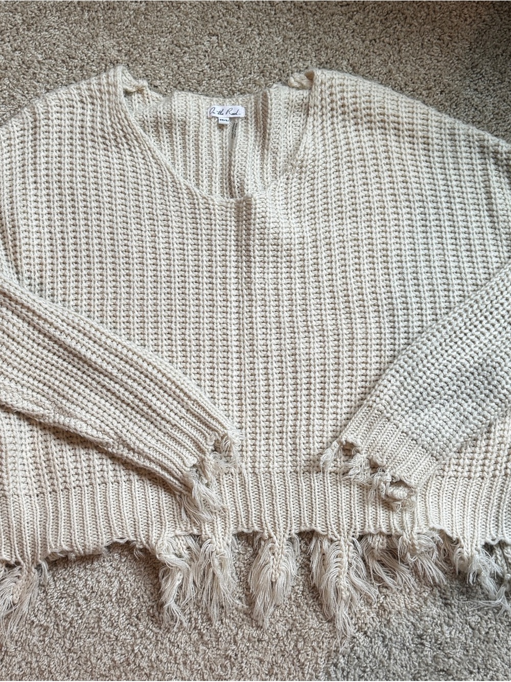 On The Road Cream Fringe Waffle-Knit Crew Sweater